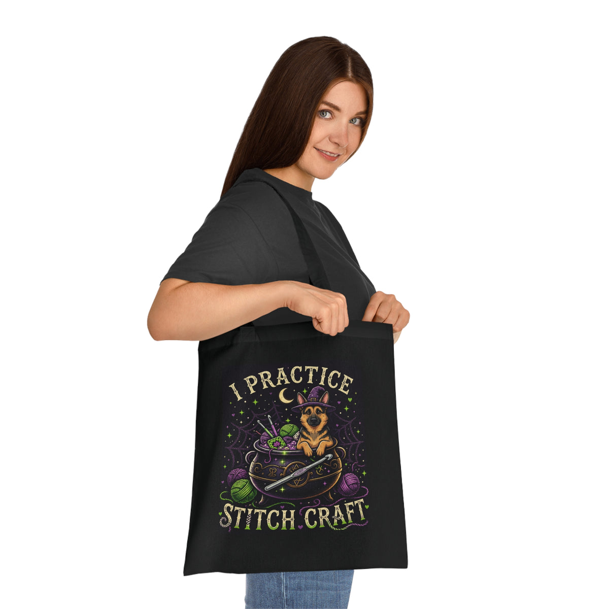 I Practice Stitch Craft Tote Bag — Cute Witchy Dog Knitting & Crochet Tote