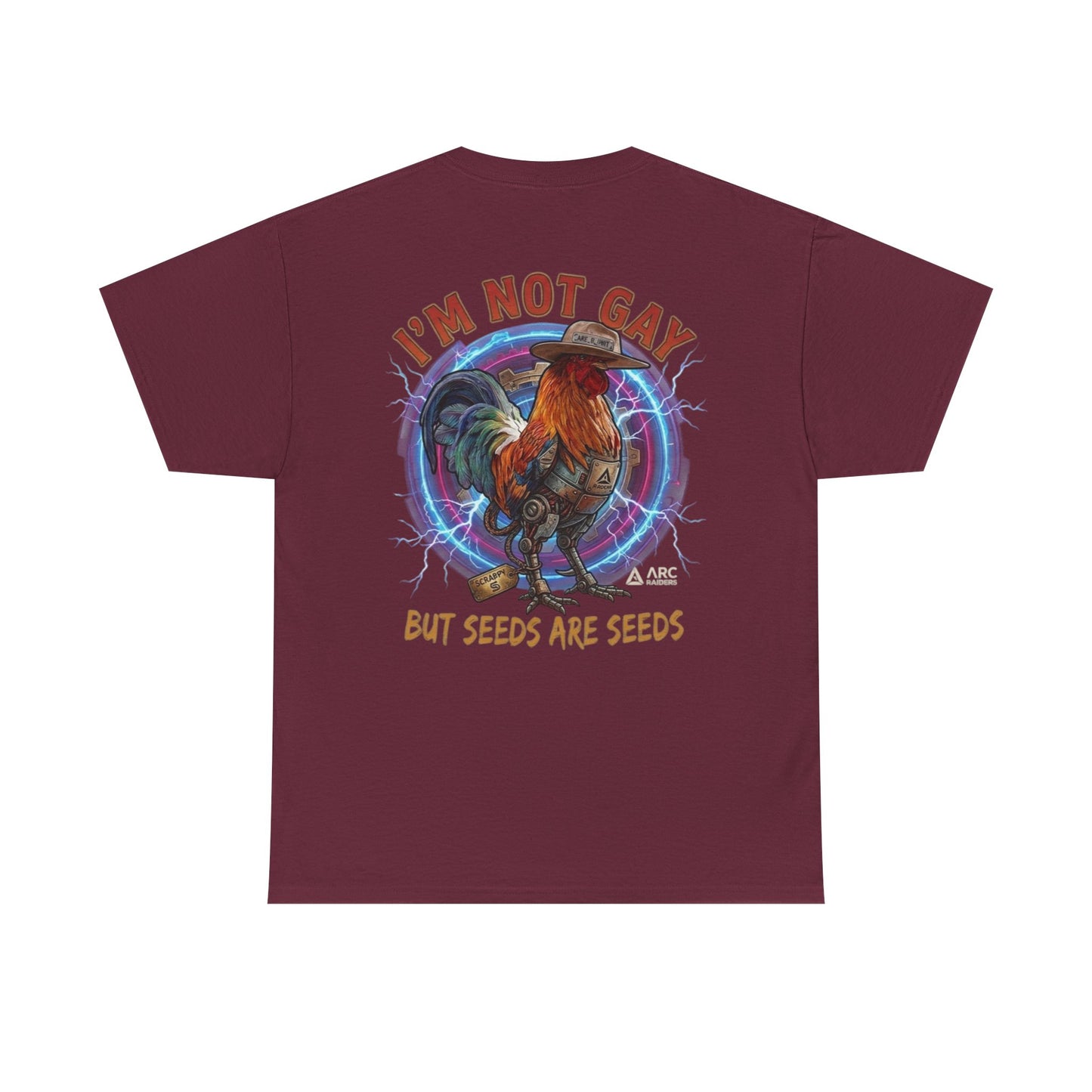 Rooster Graphic Tee — "I'm Not Gay But Seeds Are Seeds" Funny Farm Shirt
