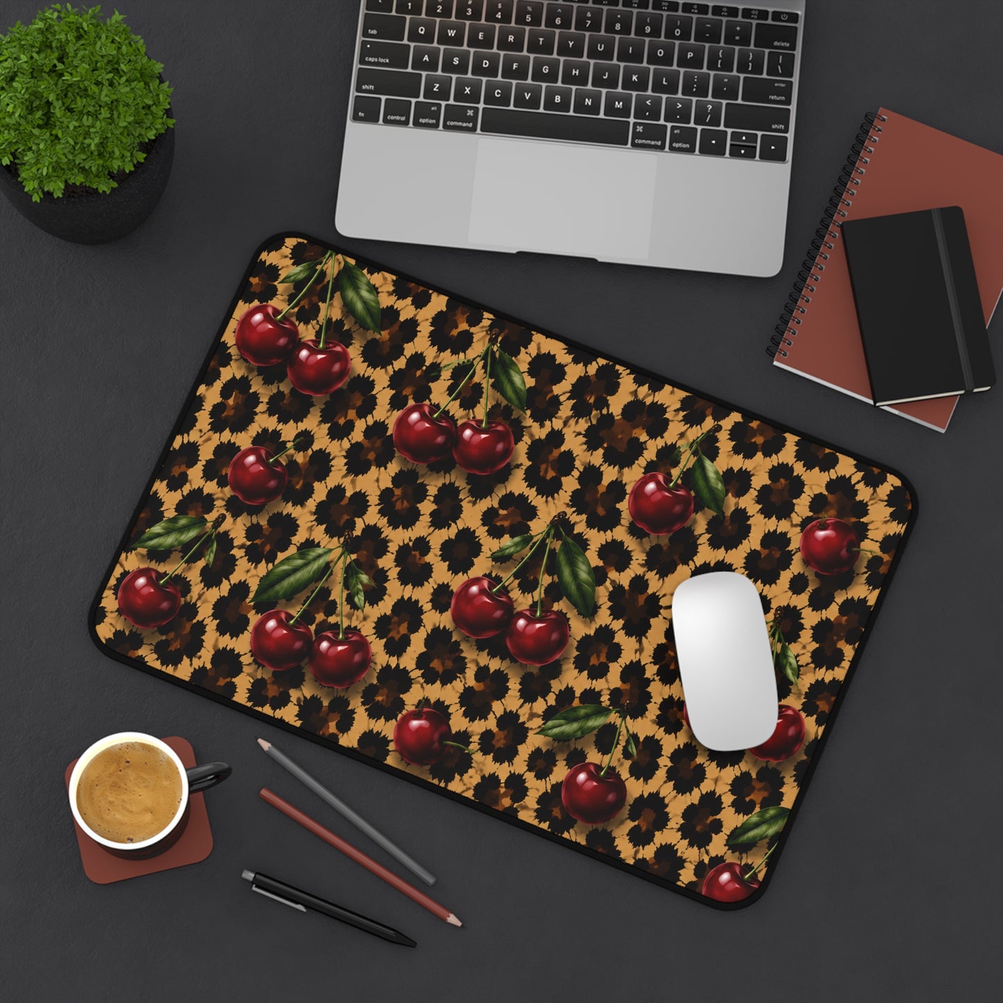 Cherry Leopard Desk Mat — Retro Cherry & Animal Print Mouse Pad