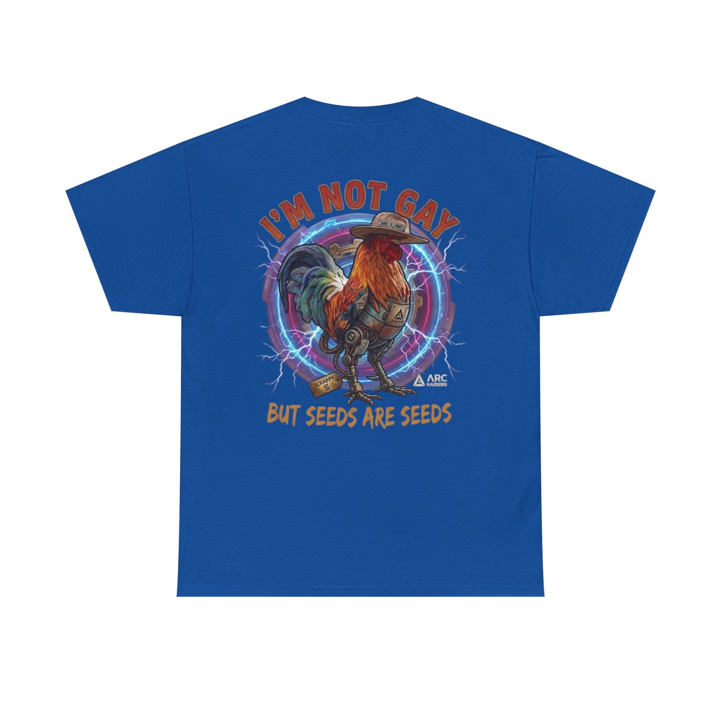 Rooster Graphic Tee — "I'm Not Gay But Seeds Are Seeds" Funny Farm Shirt