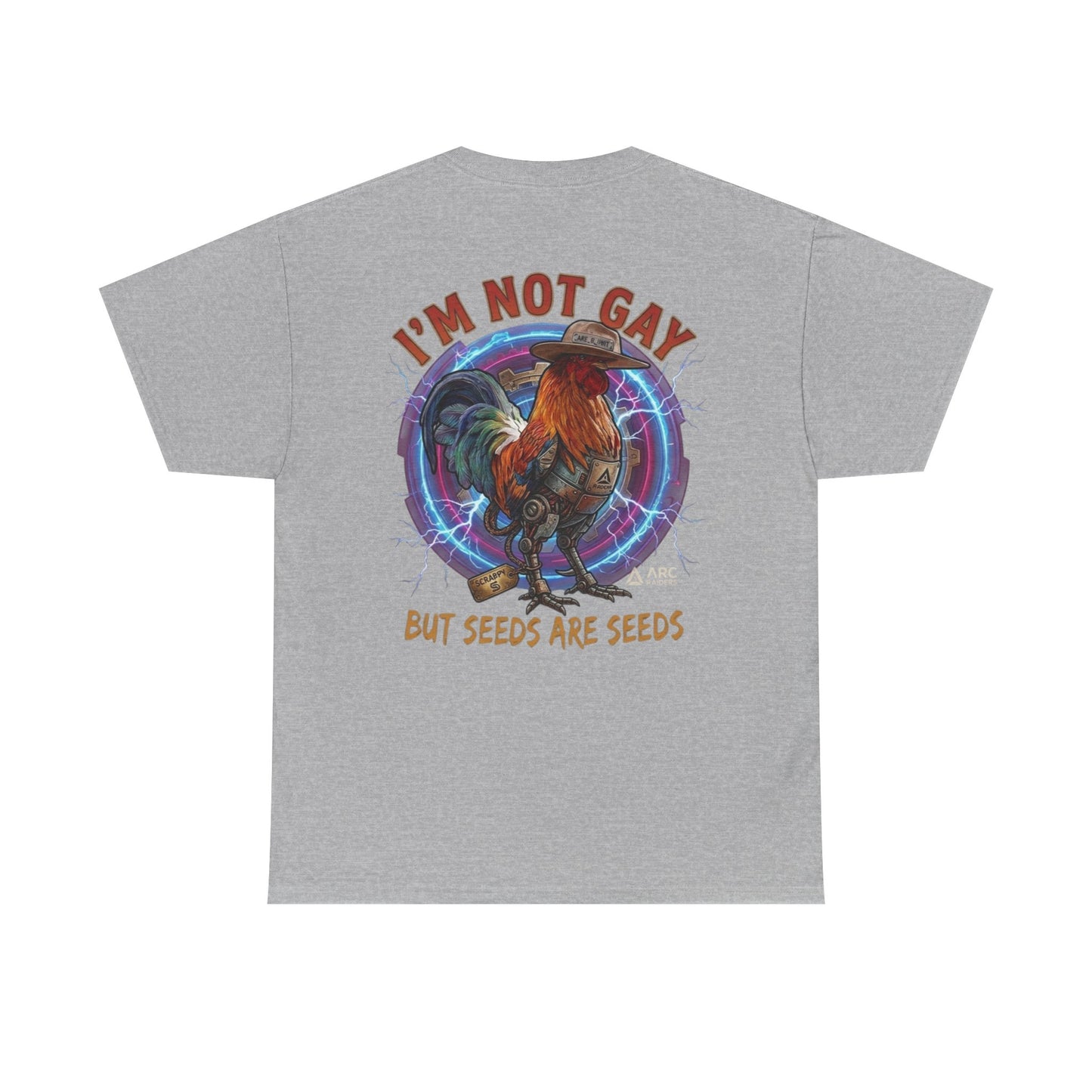 Rooster Graphic Tee — "I'm Not Gay But Seeds Are Seeds" Funny Farm Shirt