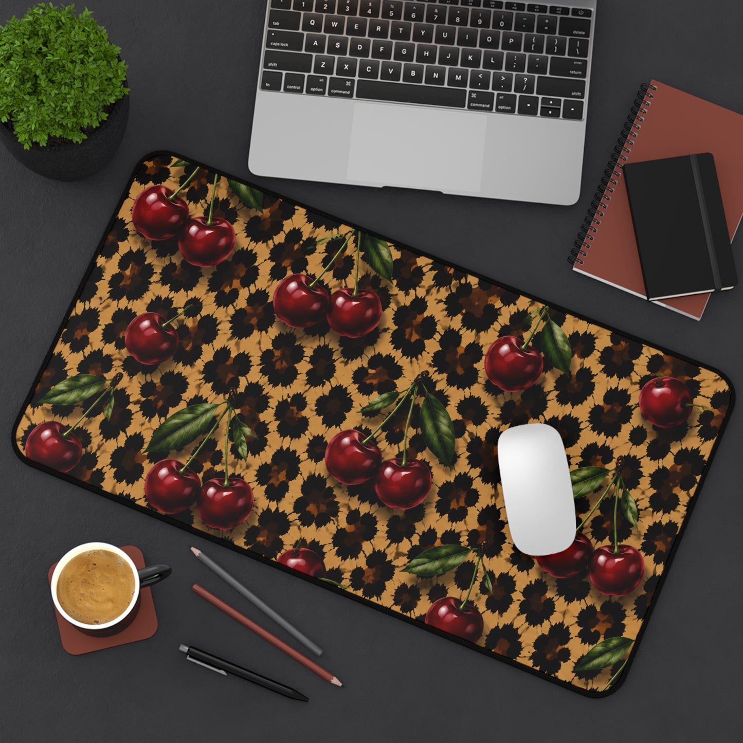 Cherry Leopard Desk Mat — Retro Cherry & Animal Print Mouse Pad