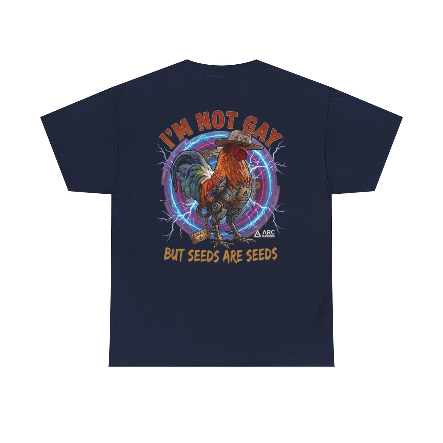 Rooster Graphic Tee — "I'm Not Gay But Seeds Are Seeds" Funny Farm Shirt