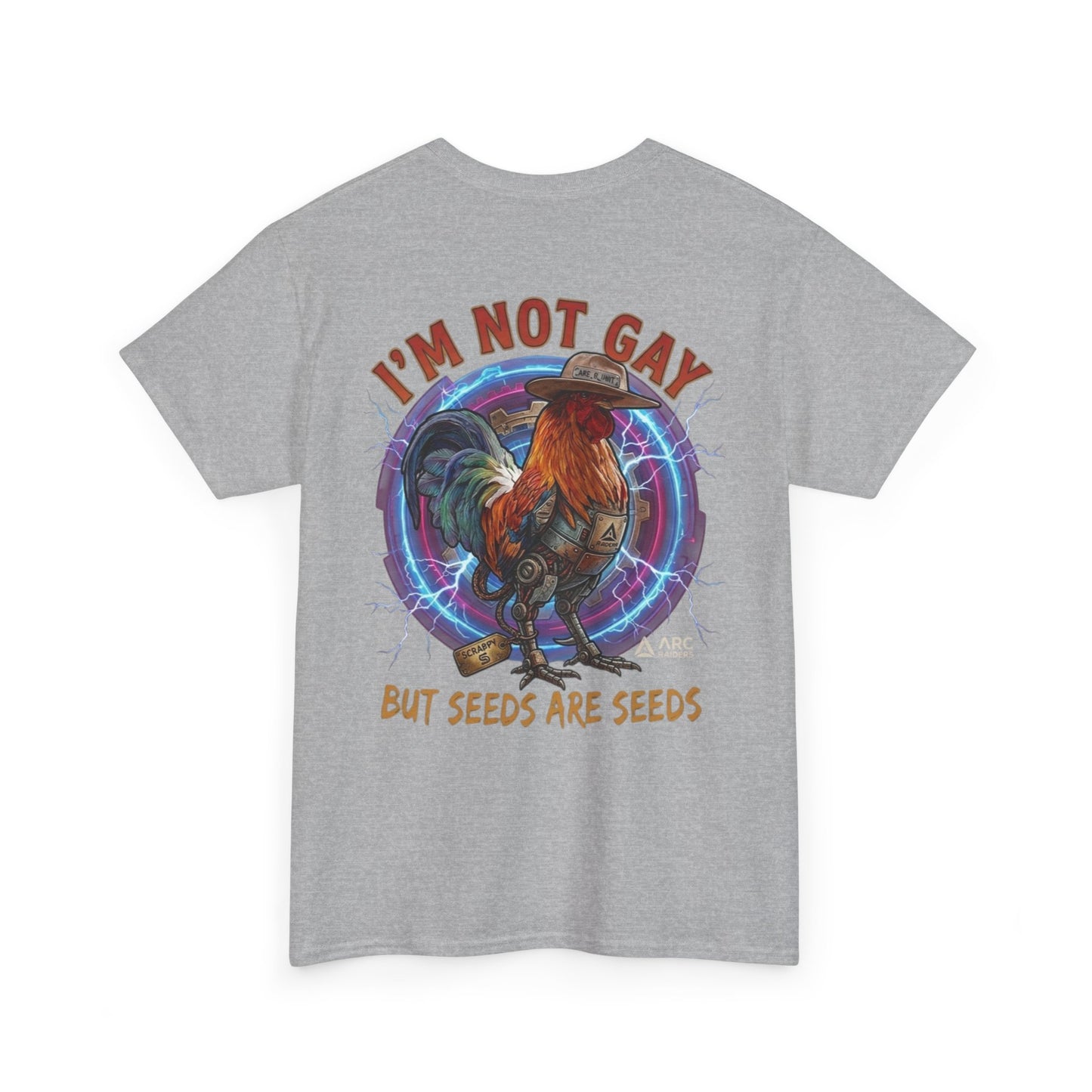 Rooster Graphic Tee — "I'm Not Gay But Seeds Are Seeds" Funny Farm Shirt
