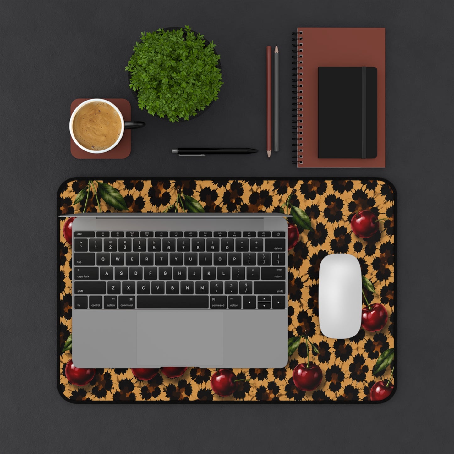 Cherry Leopard Desk Mat — Retro Cherry & Animal Print Mouse Pad