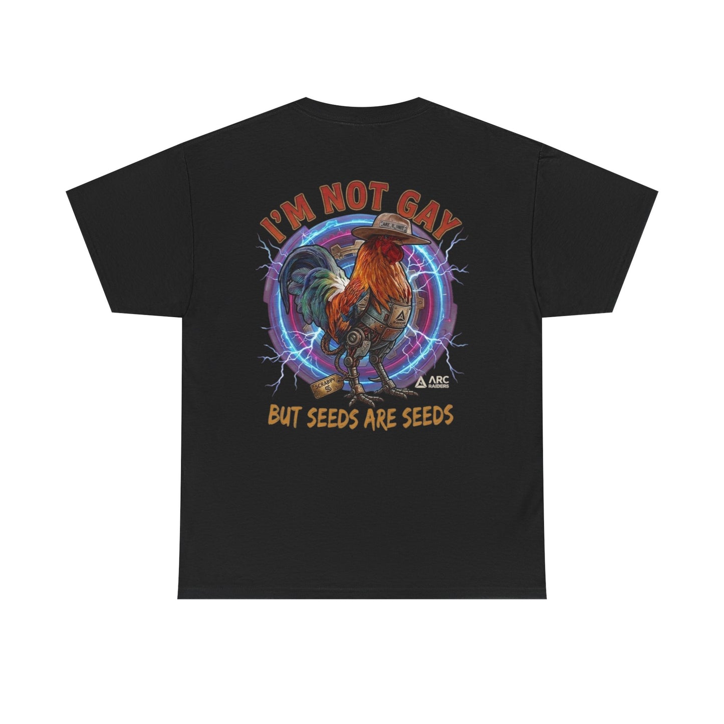 Rooster Graphic Tee — "I'm Not Gay But Seeds Are Seeds" Funny Farm Shirt