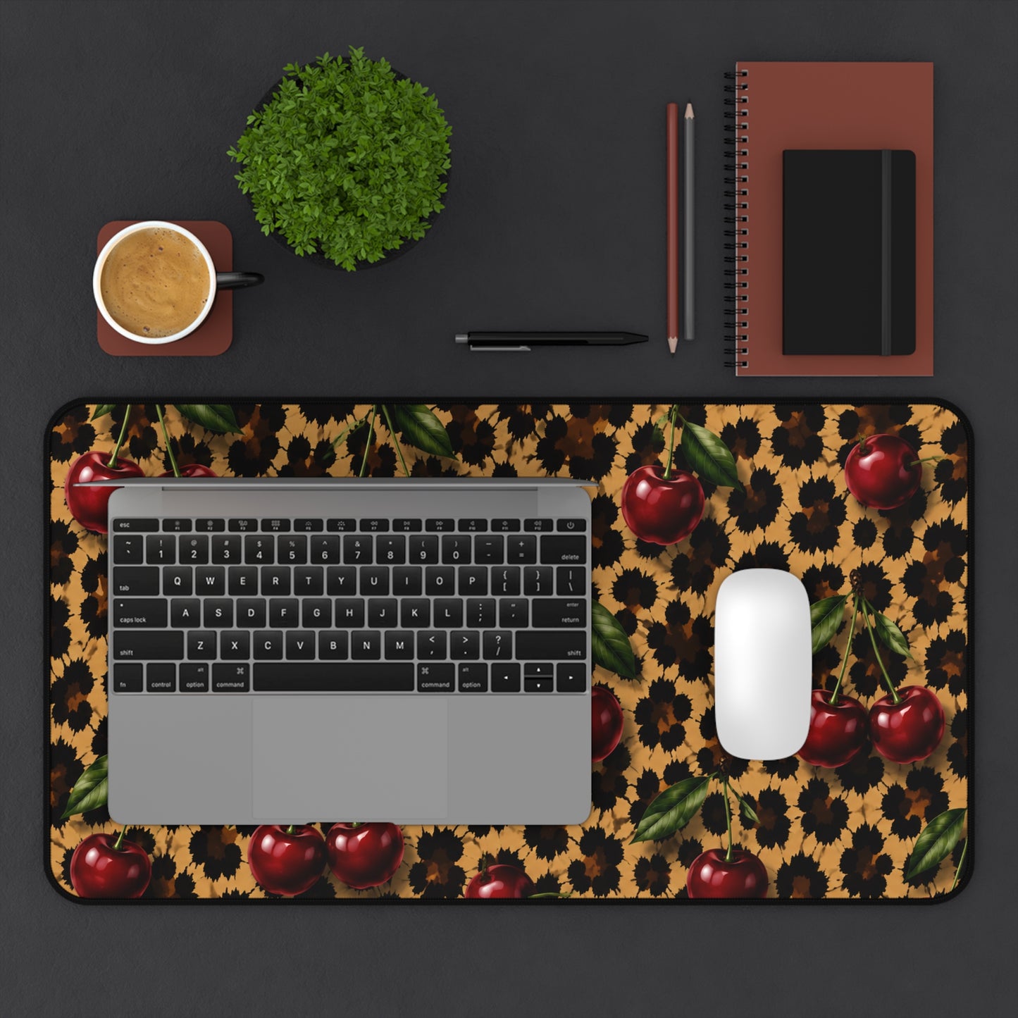 Cherry Leopard Desk Mat — Retro Cherry & Animal Print Mouse Pad