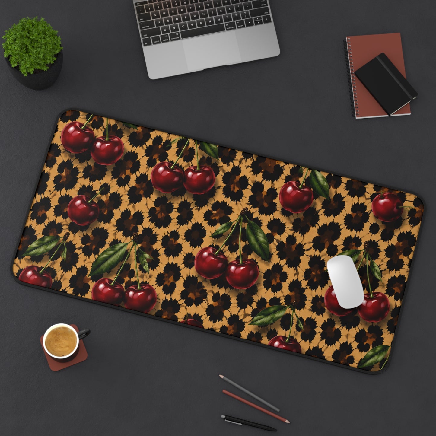 Cherry Leopard Desk Mat — Retro Cherry & Animal Print Mouse Pad