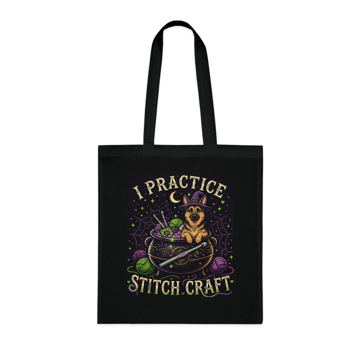 I Practice Stitch Craft Tote Bag — Cute Witchy Dog Knitting & Crochet Tote