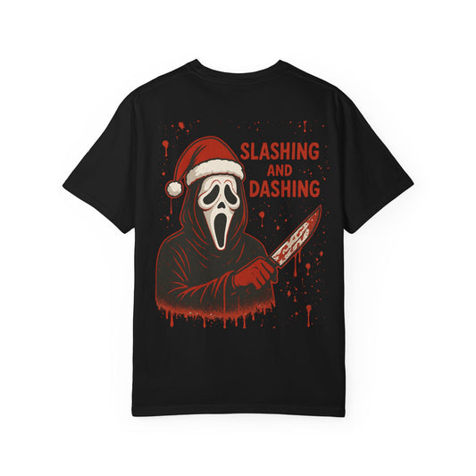 Horror-Themed Seasons greetings T-Shirt, Christmas Gift, Funny Graphic Tee, Unisex Apparel, Unique Holiday T-Shirt, Slashing and Dashing Design