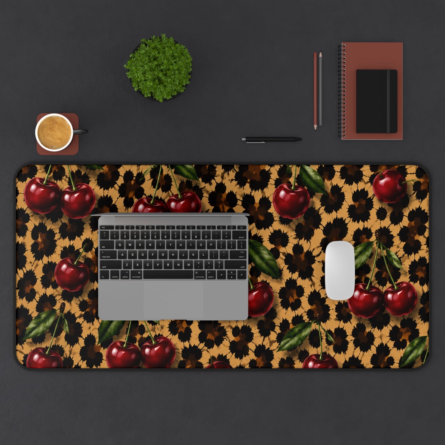Cherry Leopard Desk Mat — Retro Cherry & Animal Print Mouse Pad