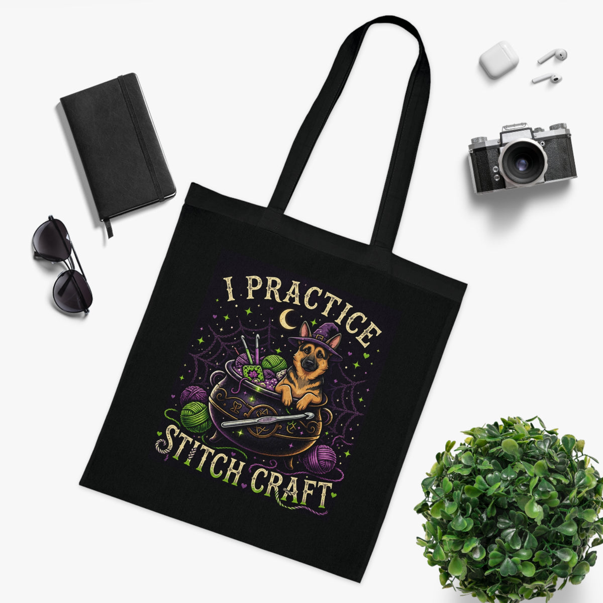 I Practice Stitch Craft Tote Bag — Cute Witchy Dog Knitting & Crochet Tote
