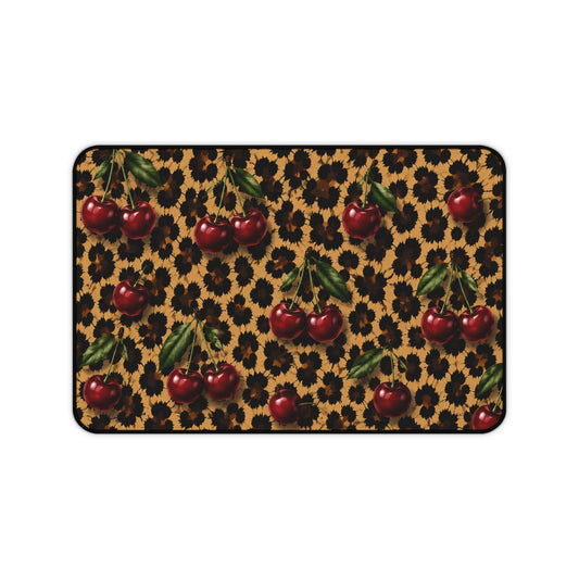 Cherry Leopard Desk Mat — Retro Cherry & Animal Print Mouse Pad
