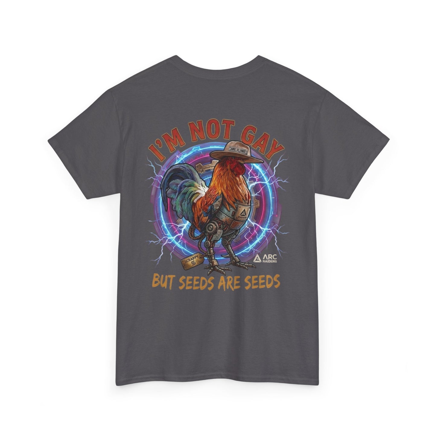 Rooster Graphic Tee — "I'm Not Gay But Seeds Are Seeds" Funny Farm Shirt